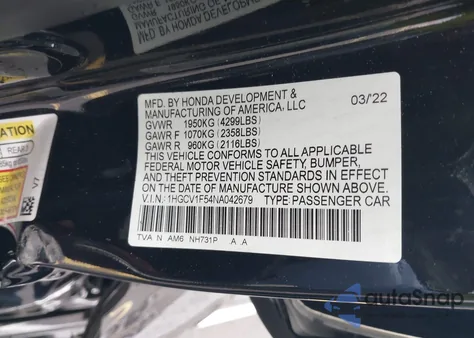 2022 Honda Accord Ex-L from USA, damaged, VIN 1HGCV1F54NA042679